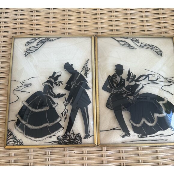 Vintage 40's Convex Glass Reverse Painted Victorian Couple Winter Scene Pictures - Picture 1 of 9
